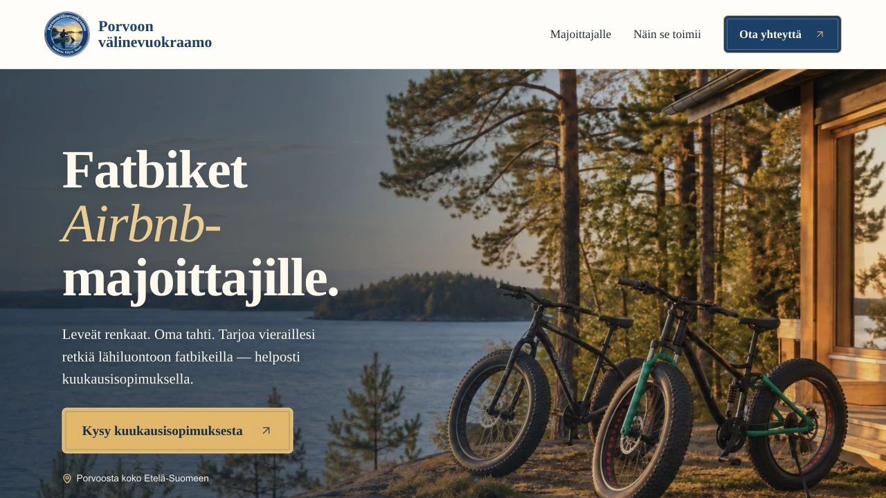 Porvoon Välinevuokraamo – julkaistun verkkosivuston etusivu